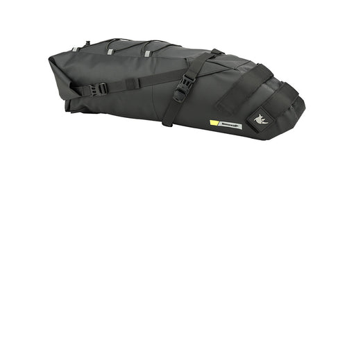 Black 13-liter roll-top bicycle saddle tail bag on white