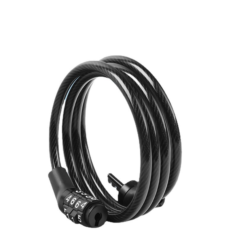 Black coiled four-digit bicycle cable lock on white