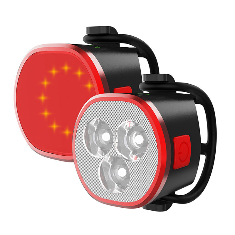 USB rechargeable white bicycle front light and red rear light set on white