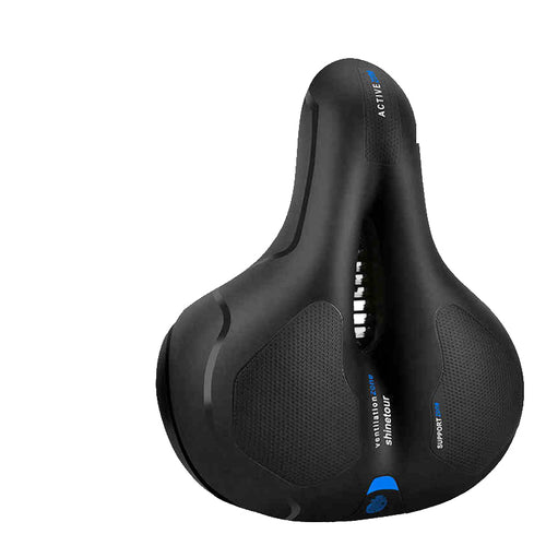 Blue-accent elastomer comfort bicycle saddle on white