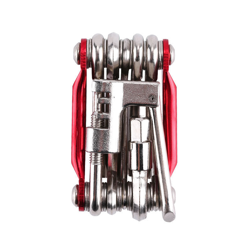 Red compact 11-in-1 bicycle multi-tool on white