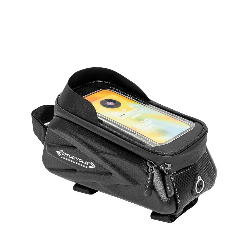 Black 1.5-liter bicycle top-tube phone bag on white