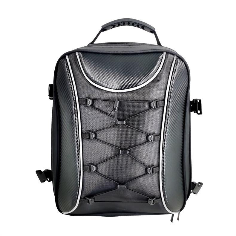 Black structured motorcycle rear-seat tail bag on white