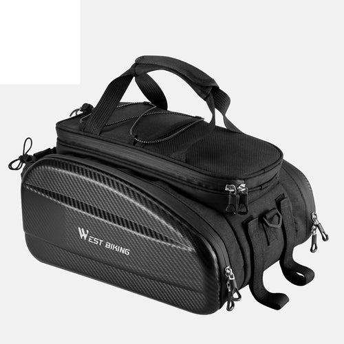 Black 11-liter hard-shell bicycle rack bag on white
