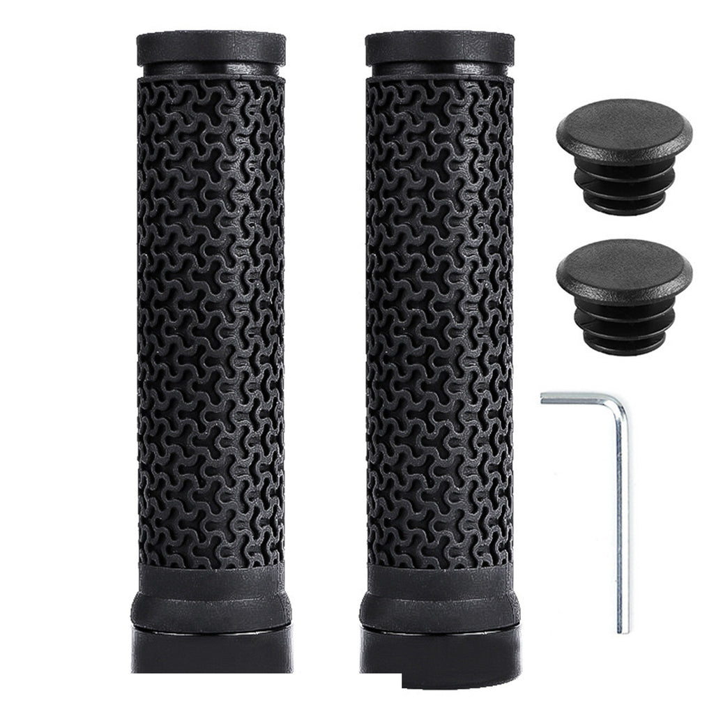 Black locking bicycle grip set with two end plugs and one hex key on white
