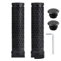 Black locking bicycle grip set with two end plugs and one hex key on white