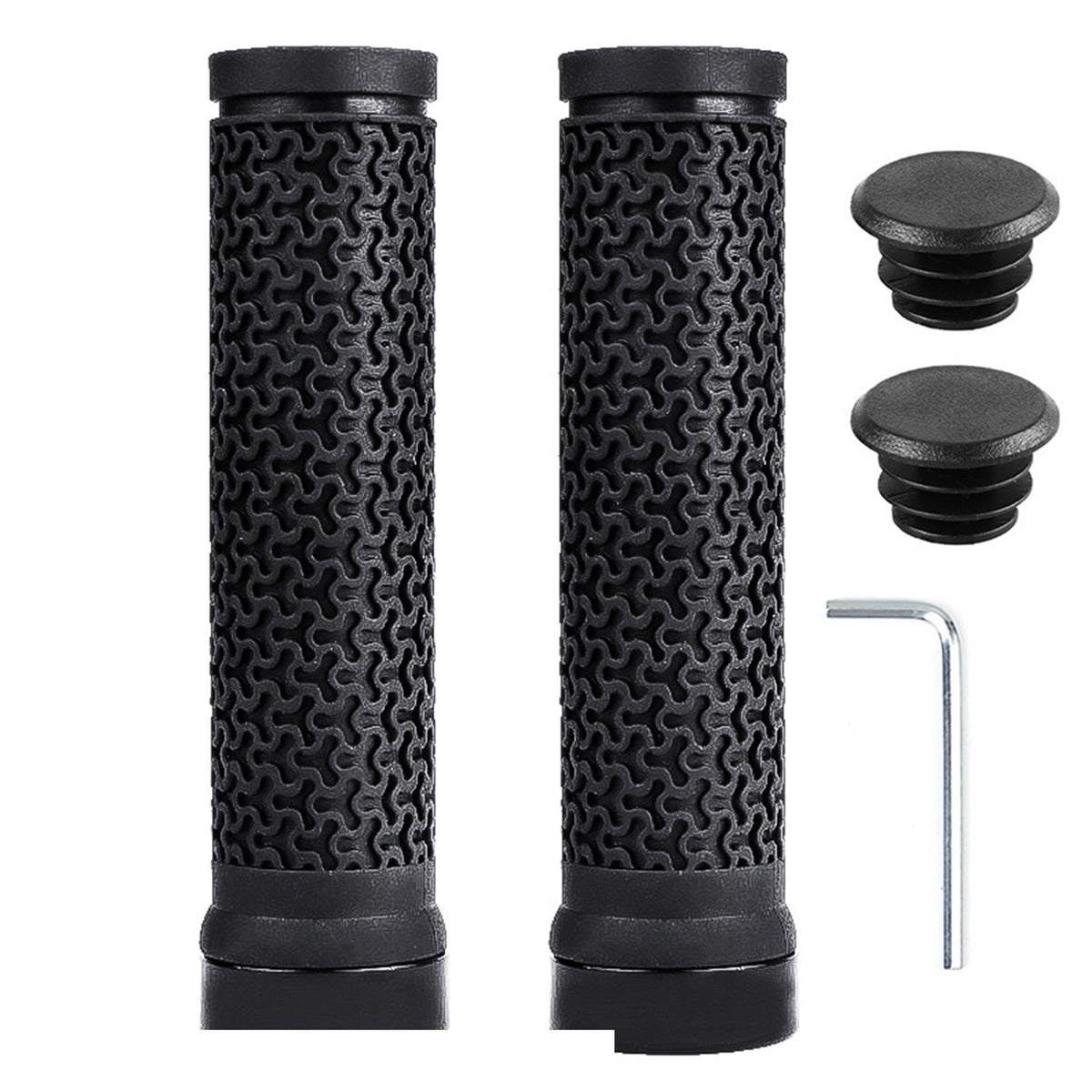 Black locking bicycle grip set with two end plugs and one hex key on white