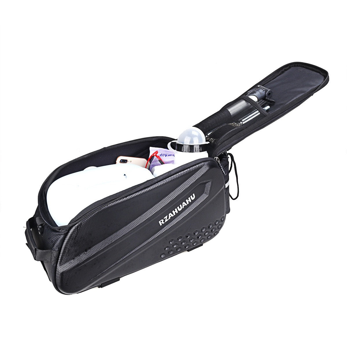 Open top compartment of the structured bicycle rack bag