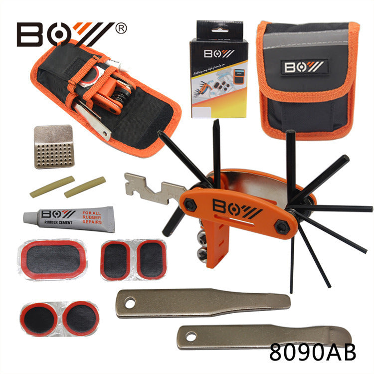 Bicycle repair tools arranged beside the open storage bag