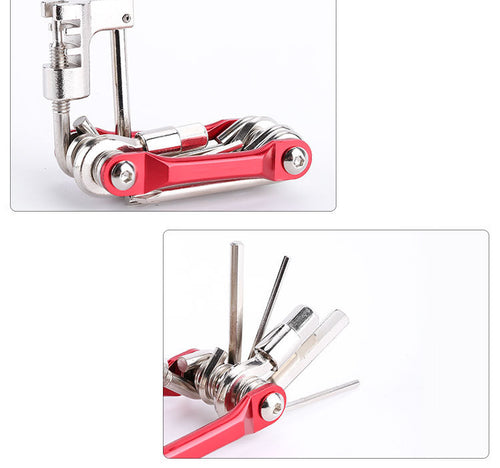 Close-up views of the red bicycle multi-tool opened for use