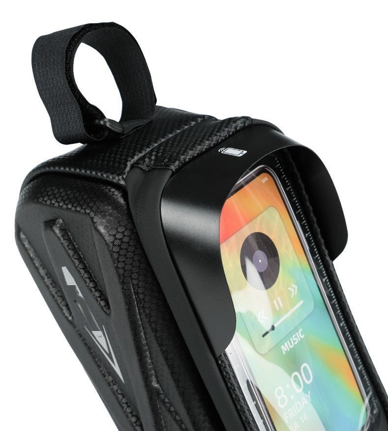 Close view of the phone window and sun visor on the black top-tube bag