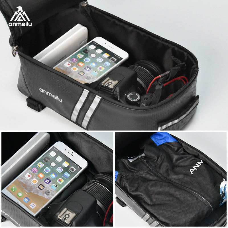 Open top compartment of the black bicycle rack bag