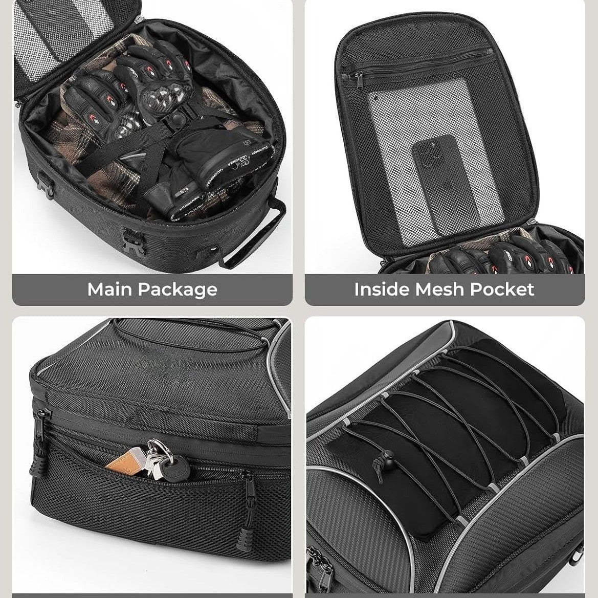 Organized compartments inside the motorcycle tail bag