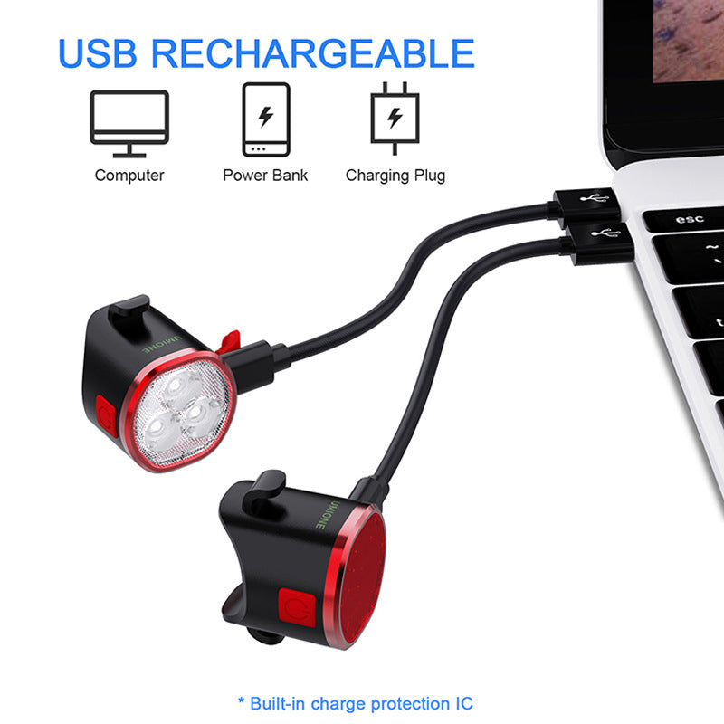 USB charging and bicycle mounting views for the front and rear light set