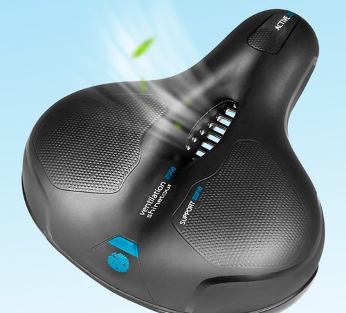 Blue-accent bicycle saddle showing its center ventilation channel