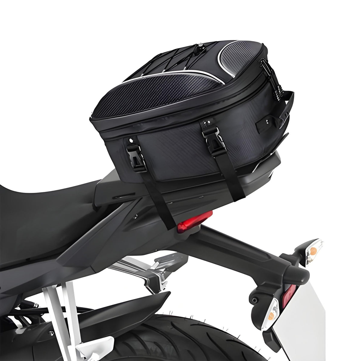Black tail bag installed on a motorcycle rear seat