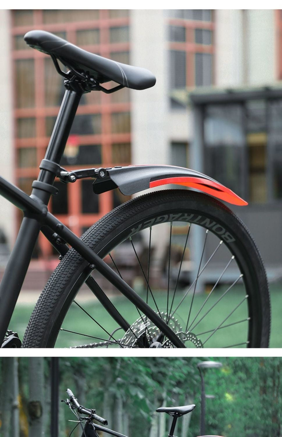Red rear bicycle fender installed above a wheel