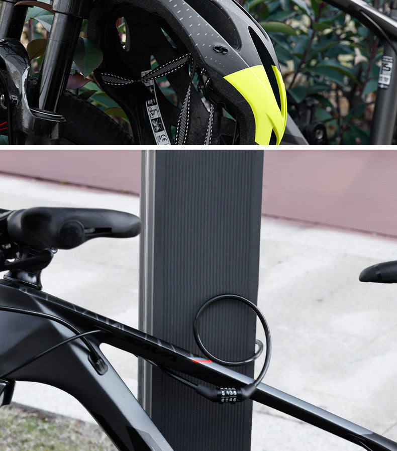 Black cable lock securing bicycles to fixed objects