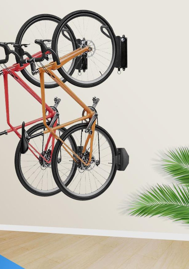 Vertical wall bicycle rack holding a bicycle indoors