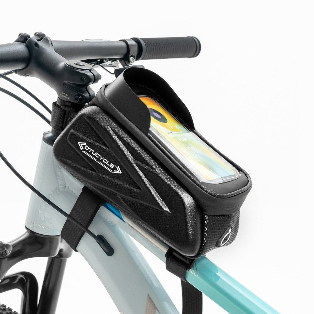 Black top-tube phone bag secured to a bicycle frame