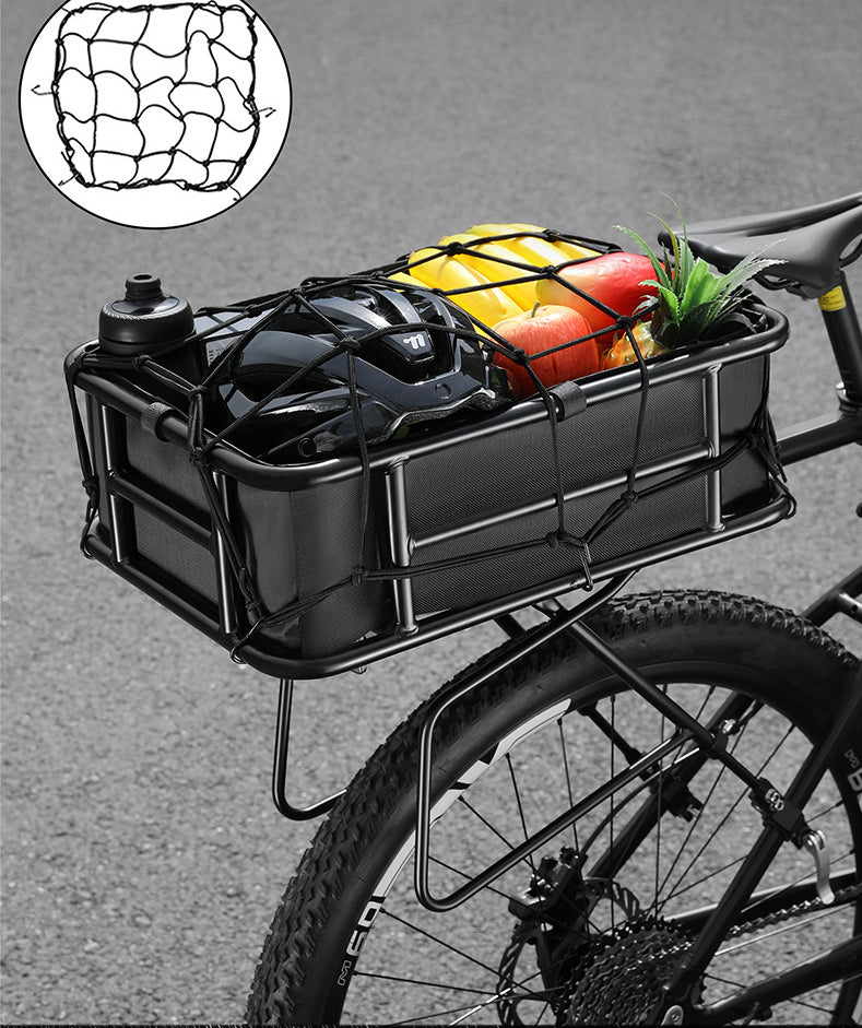 Black bicycle basket installed on a rear rack and secured with its cargo net