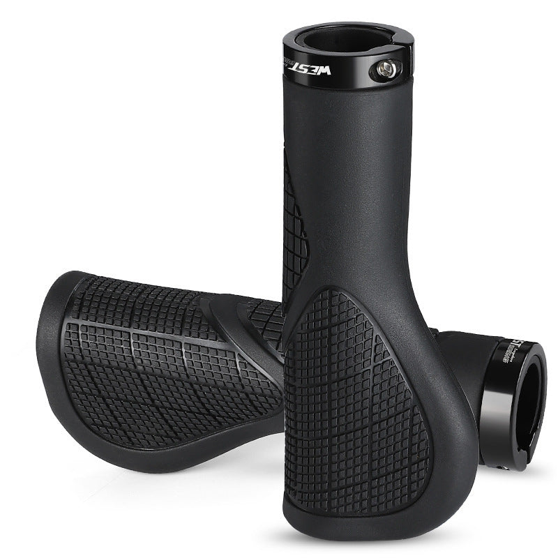 Black A-style ergonomic bicycle grip pair on white