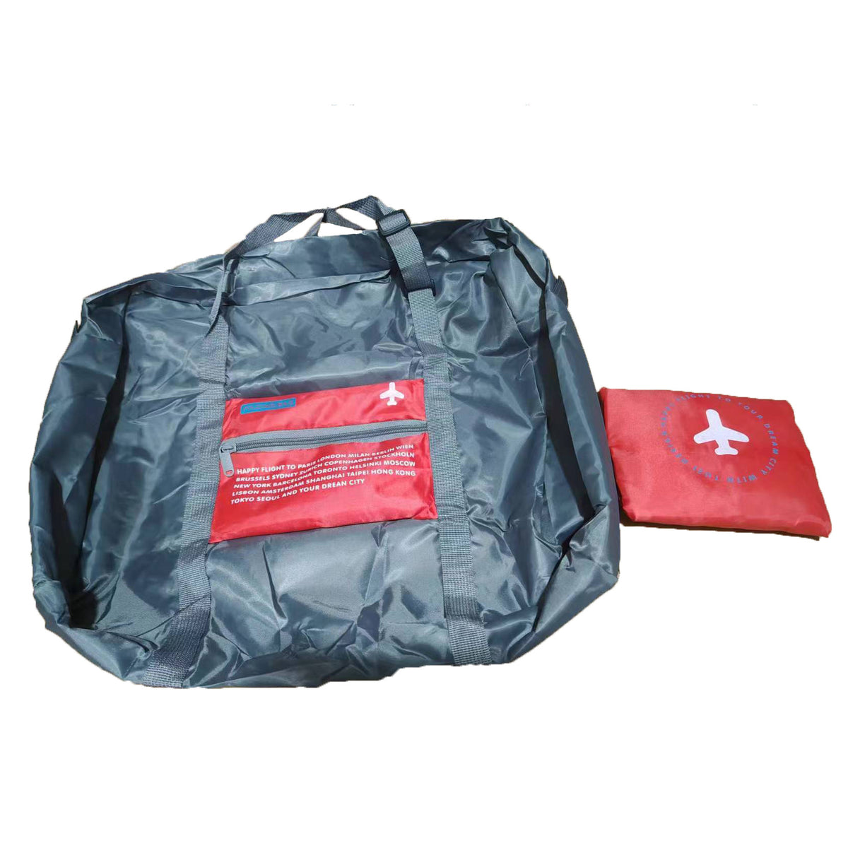 Red foldable travel duffel bag on white